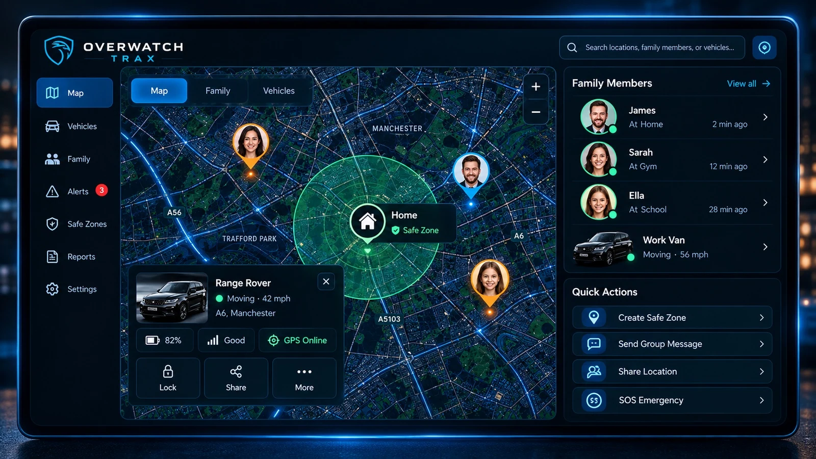 Illustrative Overwatch Trax mobile and desktop tracking interface, including connected vehicles and family safety