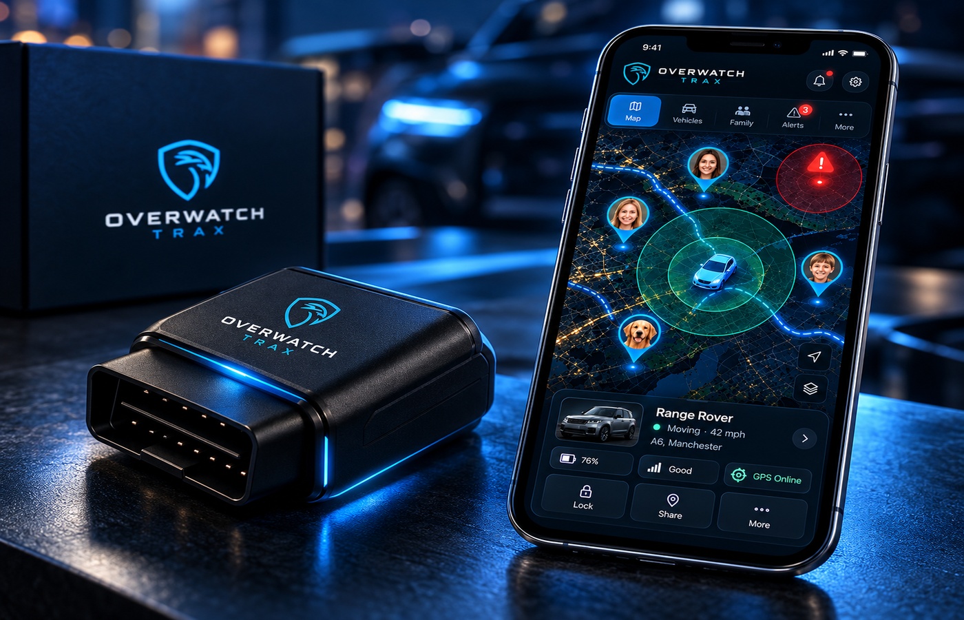 Illustration of an OBD tracker next to the Overwatch Trax mobile app