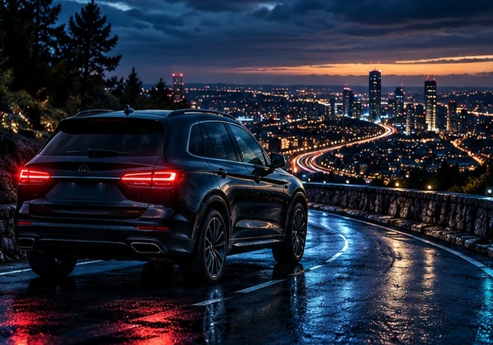 Dark SUV on a scenic road